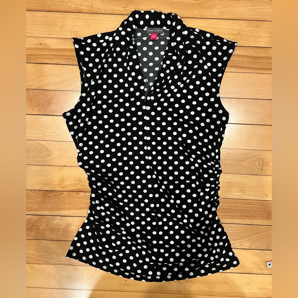 Vince Camuto Black and White Polkadot Side Ruched Sleeveless Blouse
